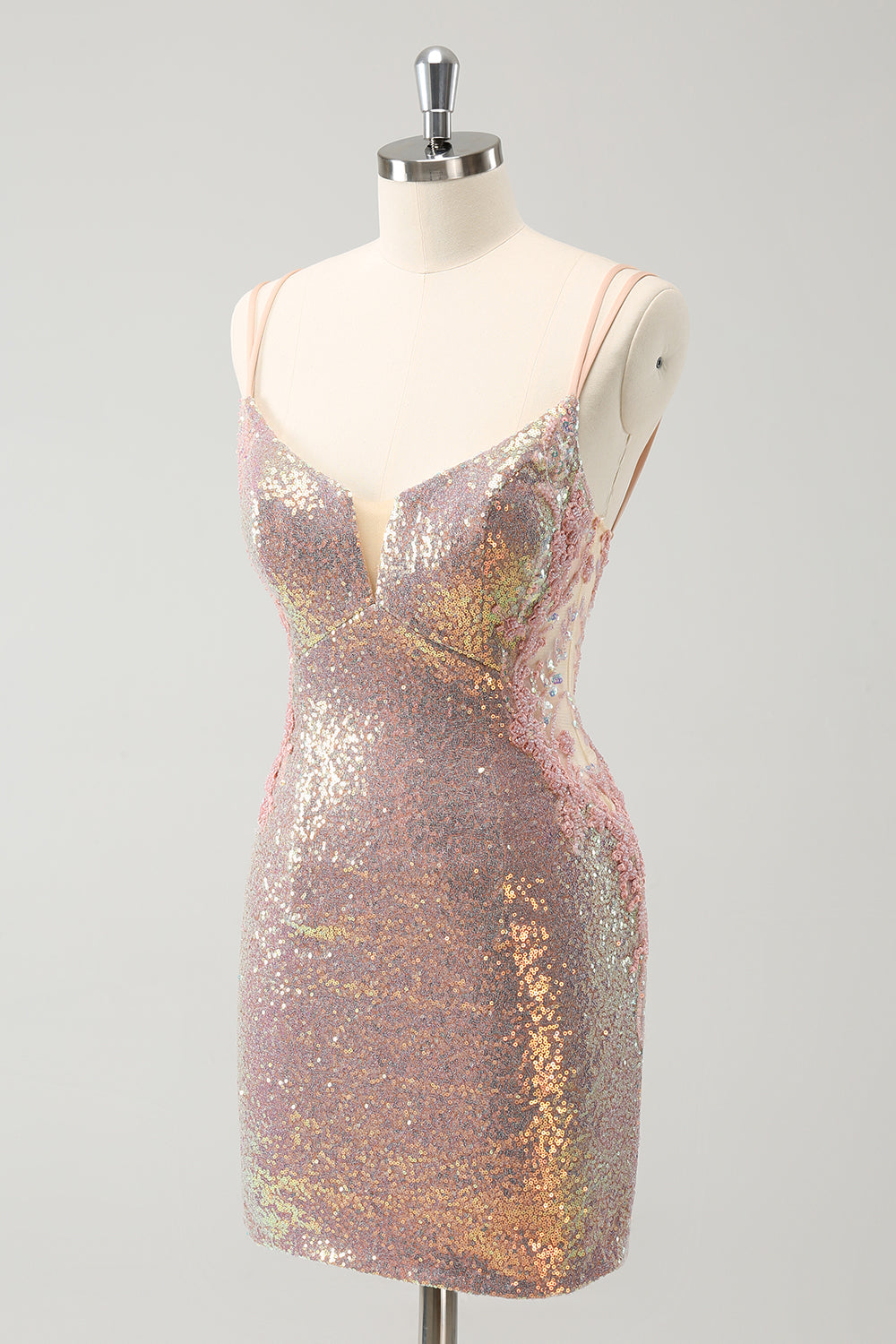 Vestido de fiesta corto ajustado con tirantes finos y encaje en la espalda en color rubor brillante