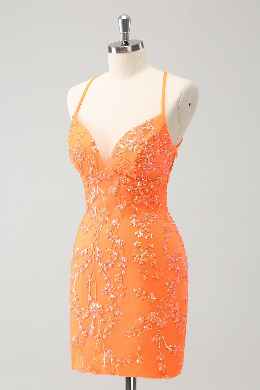 Vestido de fiesta corto con cordones y lentejuelas de color naranja brillante