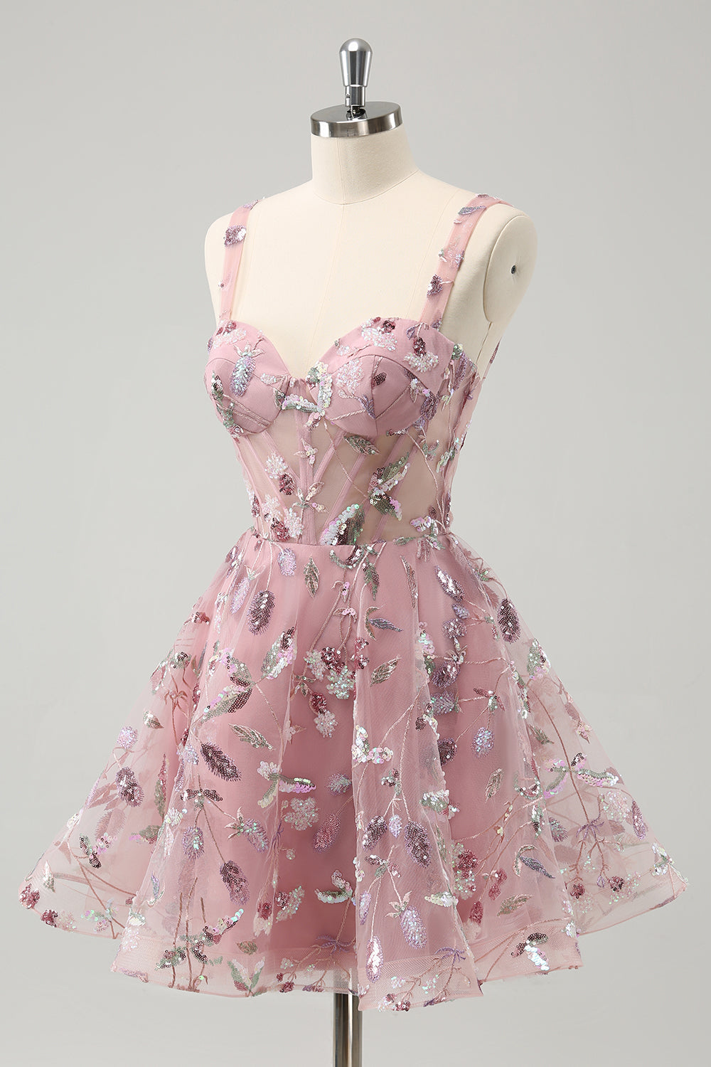 Vestido de fiesta corto con tirantes finos y cuentas en forma de A