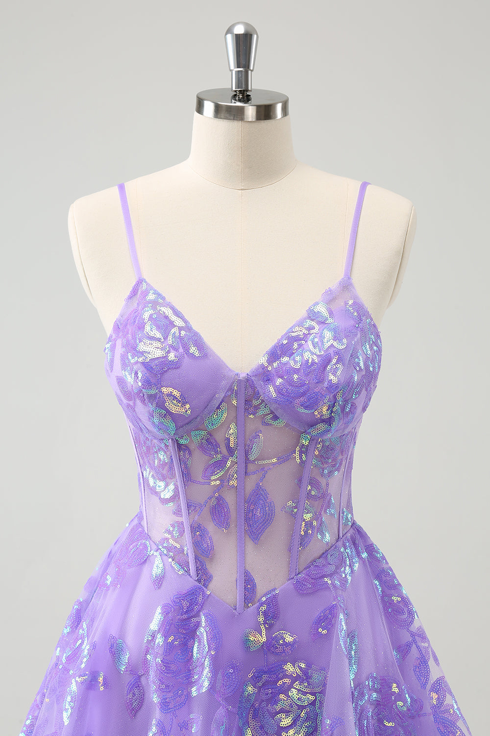 Vestido de fiesta corto con tirantes finos estilo corsé y corte en A en color lila brillante