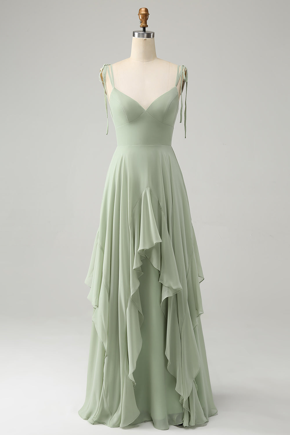 Vestido de dama de honor de gasa con tirantes de espagueti de línea A de matcha con volantes