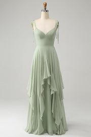 Vestido de dama de honor de gasa con tirantes de espagueti de línea A de matcha con volantes