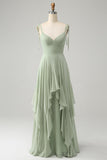 Vestido de dama de honor de gasa con tirantes de espagueti de línea A de matcha con volantes