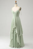 Vestido de dama de honor de gasa con tirantes de espagueti de línea A de matcha con volantes