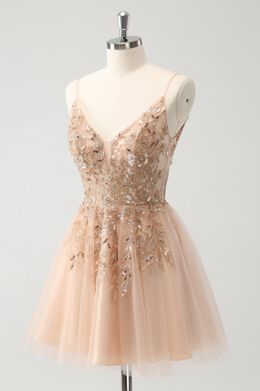 Vestido de fiesta corto de tul con lentejuelas y tirantes finos en forma de A color ruborizado