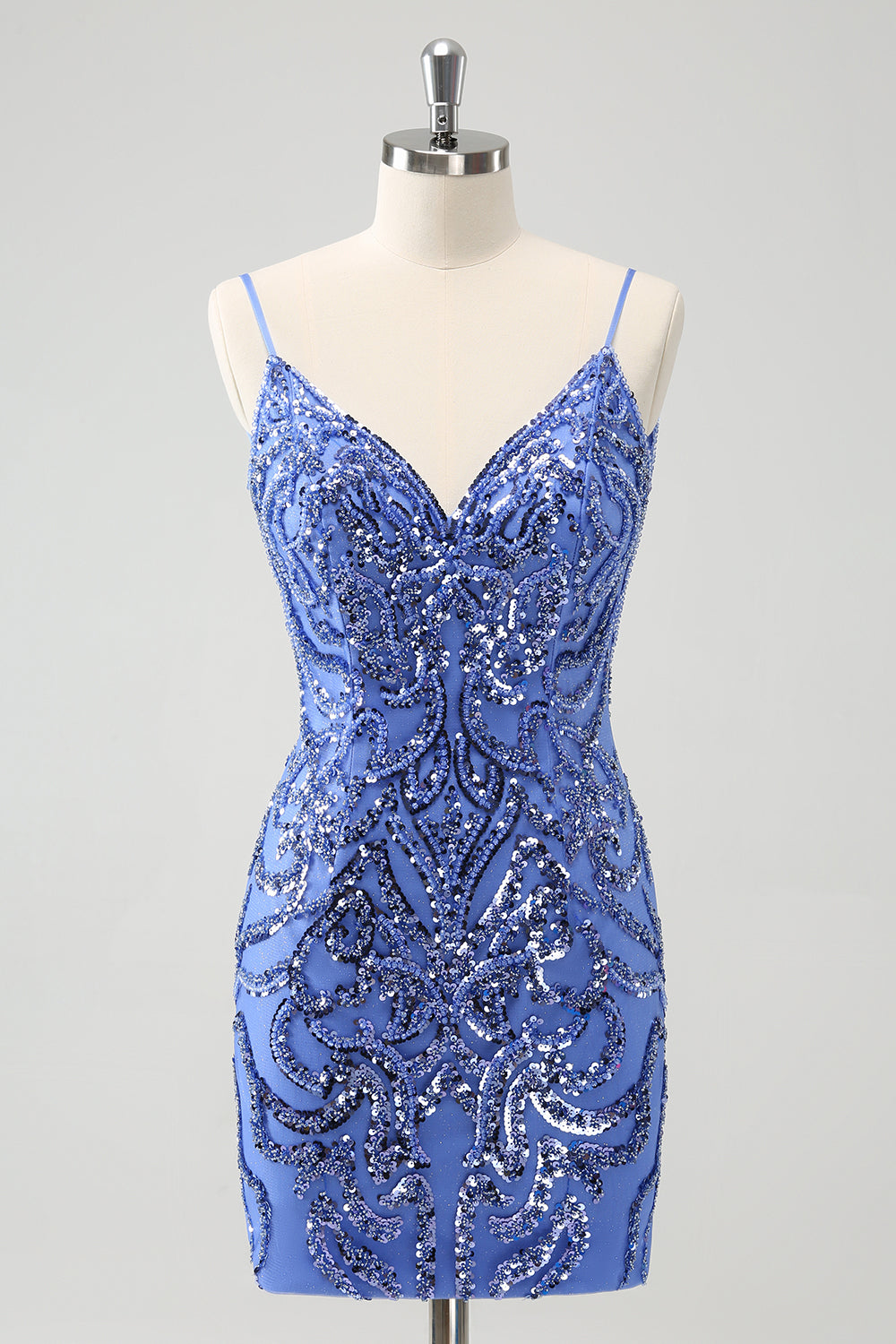 Vestido de fiesta ajustado corto con tirantes finos y espalda descubierta con lentejuelas azules