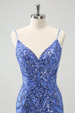 Vestido de fiesta ajustado corto con tirantes finos y espalda descubierta con lentejuelas azules