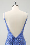Vestido de fiesta ajustado corto con tirantes finos y espalda descubierta con lentejuelas azules