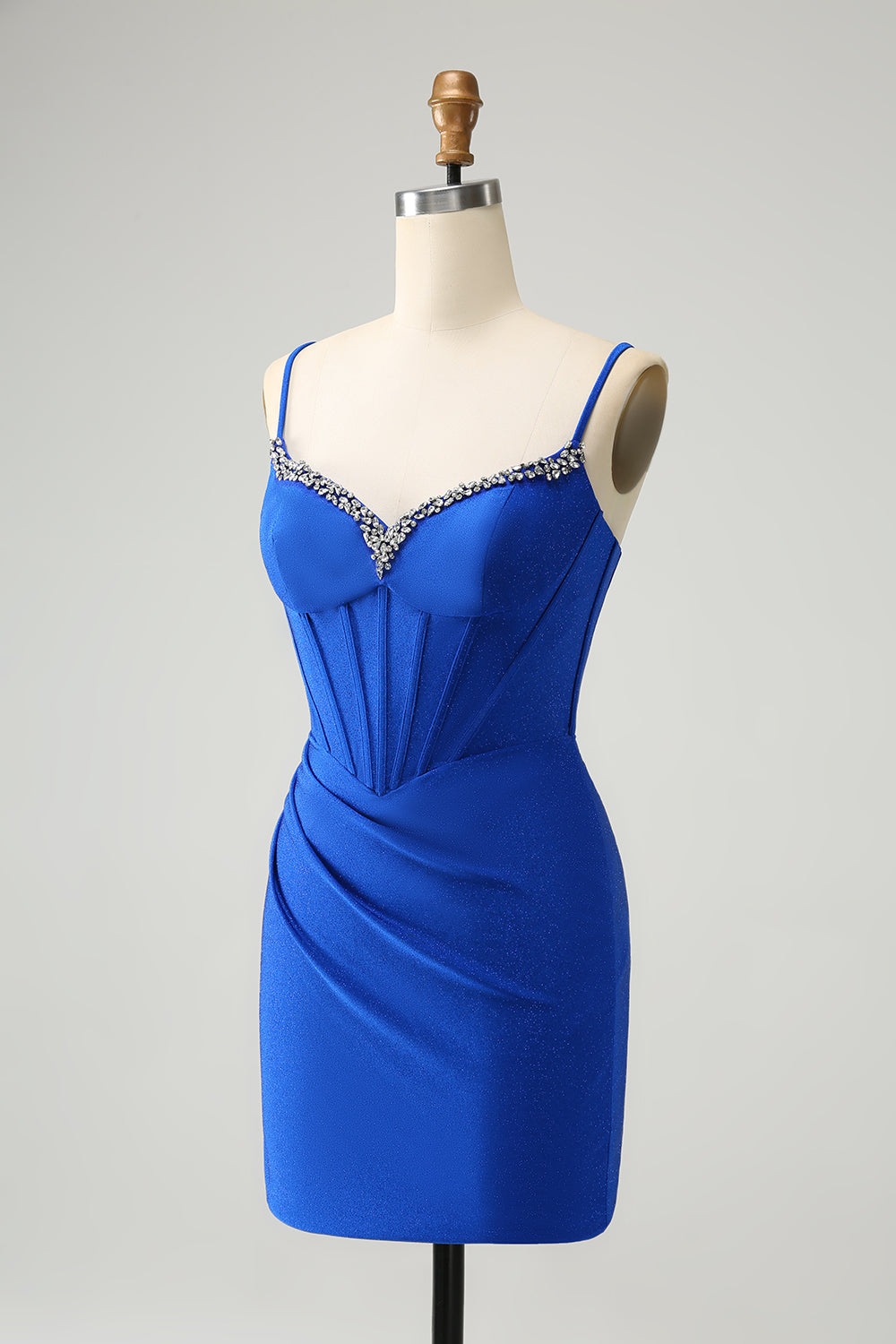Vestido de fiesta corto ajustado con corsé y tirantes finos en color azul real brillante