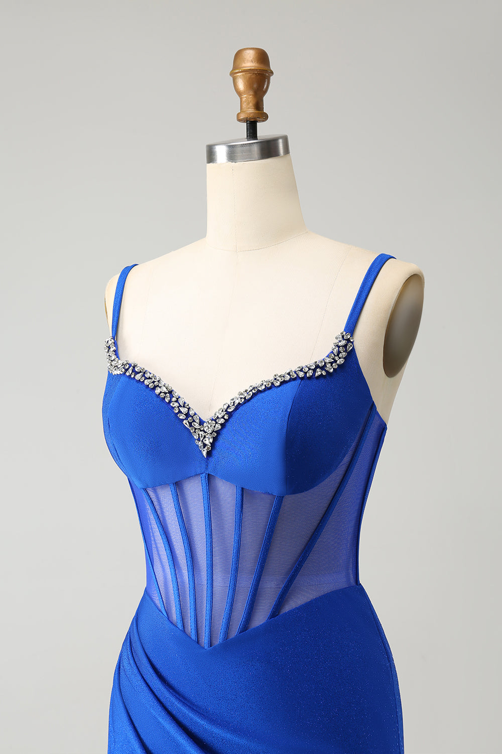 Vestido largo de fiesta con corsé de cuentas de sirena azul real brillante con abertura