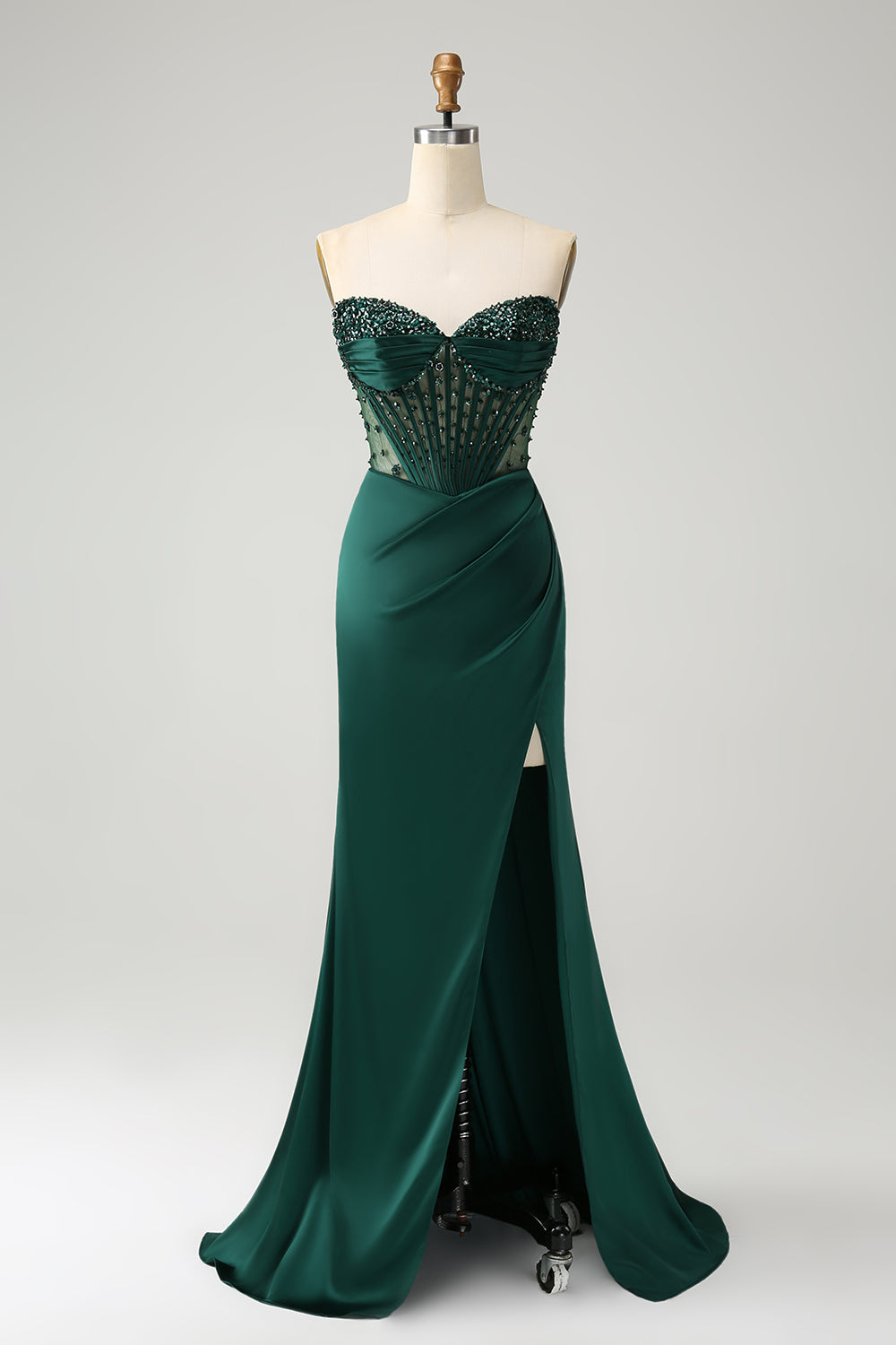 Vestido largo de fiesta con corsé de cuentas sin tirantes de sirena verde oscuro brillante con abertura