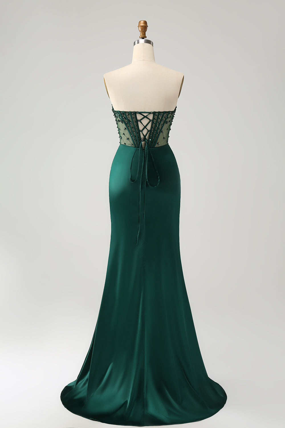 Vestido largo de fiesta con corsé de cuentas sin tirantes de sirena verde oscuro brillante con abertura