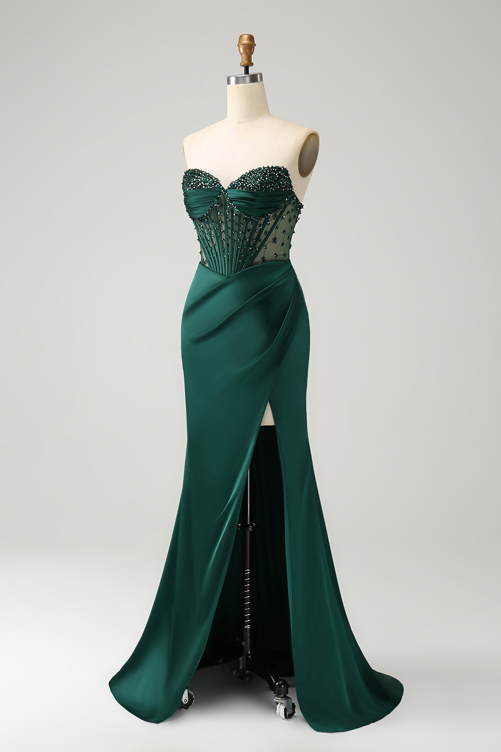Vestido largo de fiesta con corsé de cuentas sin tirantes de sirena verde oscuro brillante con abertura