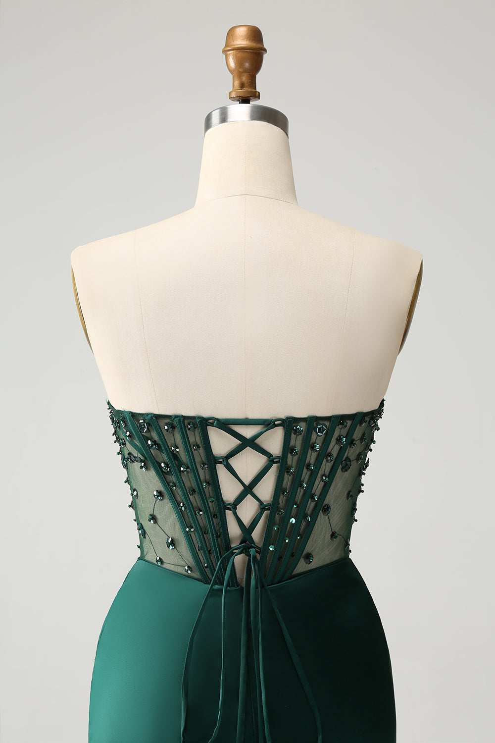 Vestido largo de fiesta con corsé de cuentas sin tirantes de sirena verde oscuro brillante con abertura