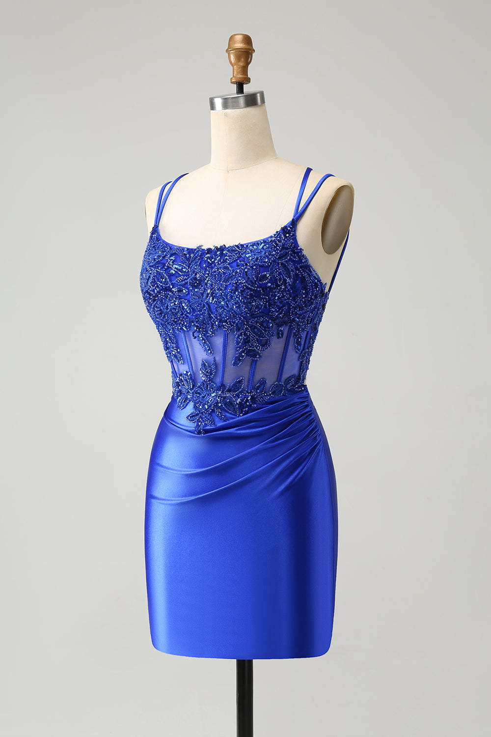 Vestido de fiesta corto ajustado con tirantes finos y corsé azul real