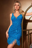 Vestido corto de lentejuelas con cuello en V azul oscuro brillante con borla