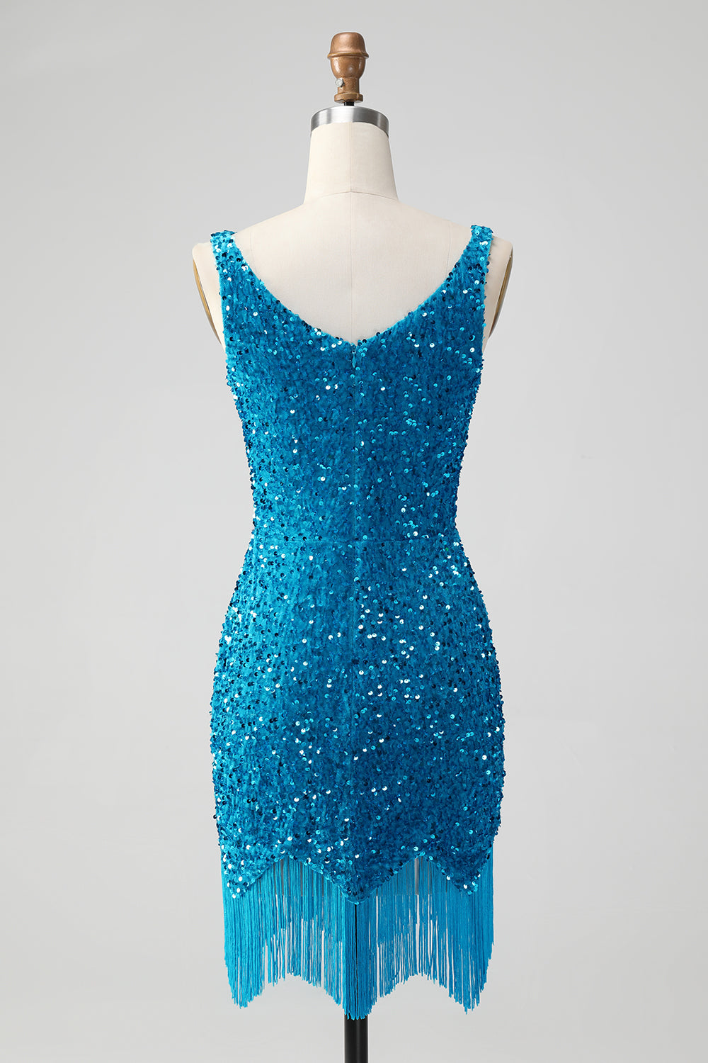 Sparkly Sage Bodycon Vestido Corto de Lentejuelas con Cuello en V con Borla