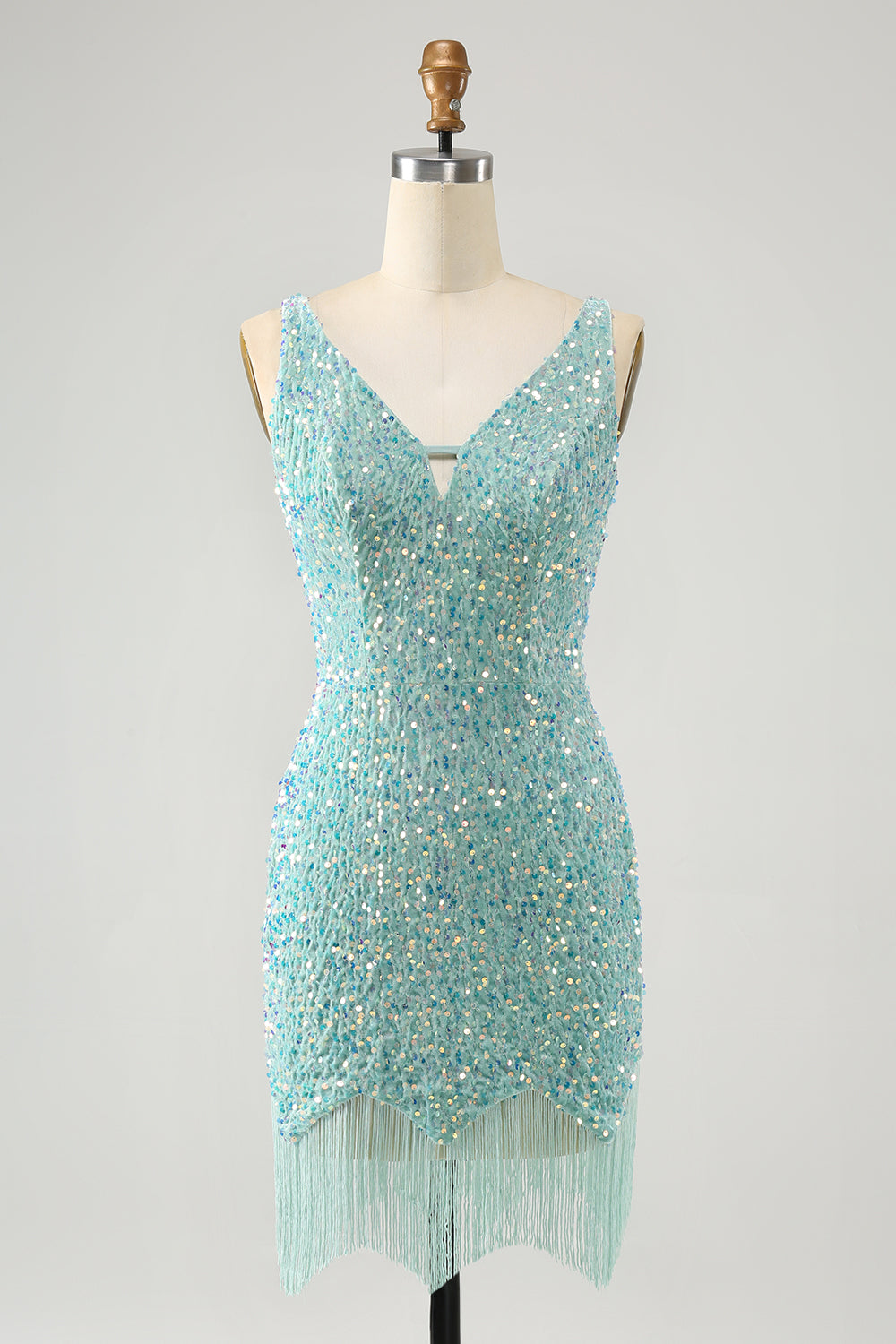 Vestido corto de lentejuelas con cuello en V azul oscuro brillante con borla