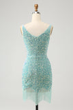 Vestido corto de lentejuelas con cuello en V azul oscuro brillante con borla