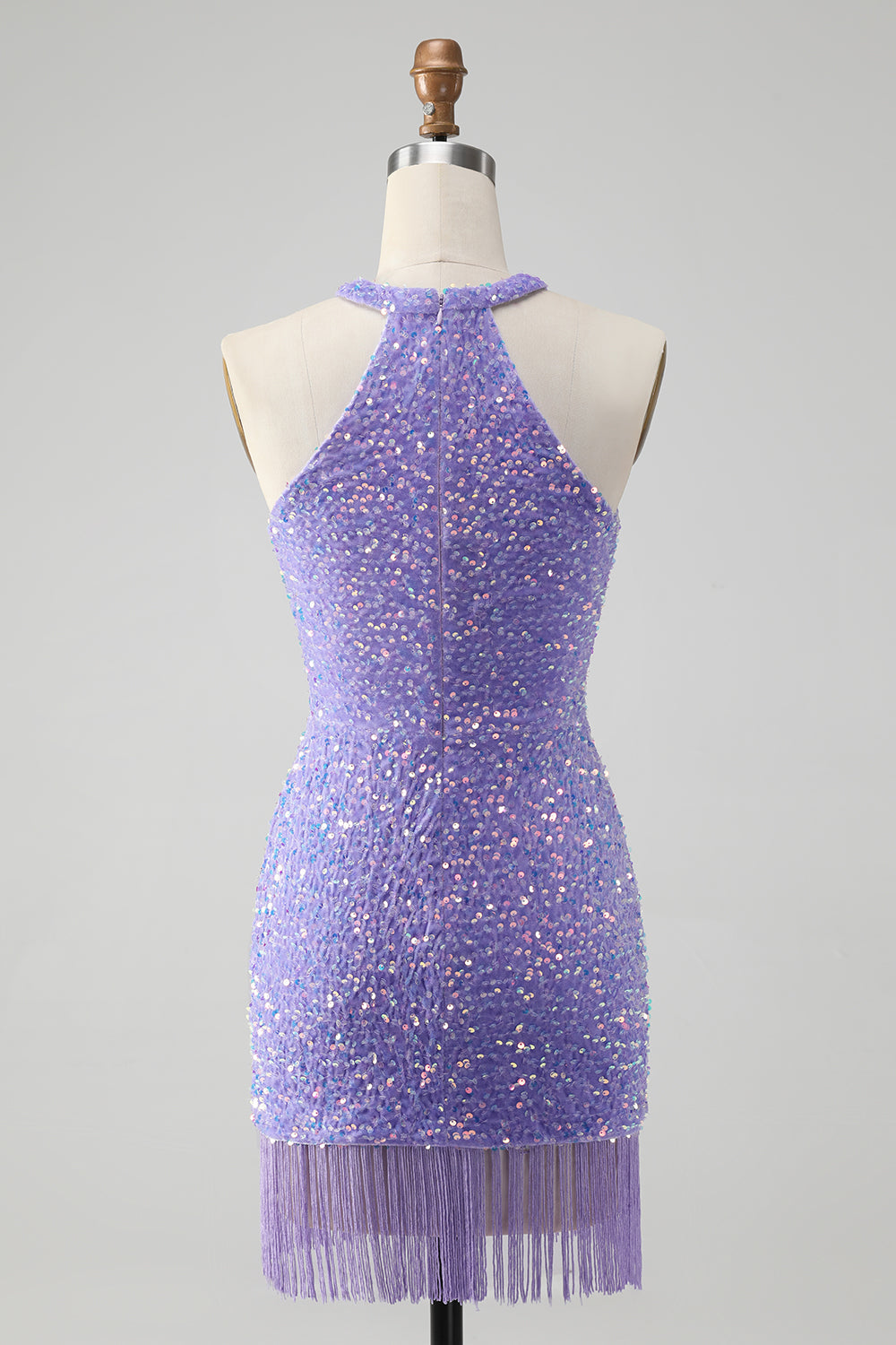 Vestido de cóctel corto con borlas y halter lila brillante con lentejuelas