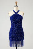 Vestido corto de lentejuelas halter azul real brillante con borla