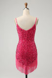 Vestido cóctel corto tirantes finos lentejuelas fucsia con borlas
