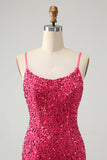 Vestido cóctel corto tirantes finos lentejuelas fucsia con borlas