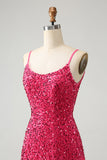Vestido cóctel corto tirantes finos lentejuelas fucsia con borlas
