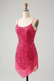 Vestido cóctel corto tirantes finos lentejuelas fucsia con borlas
