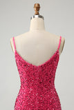 Vestido cóctel corto tirantes finos lentejuelas fucsia con borlas