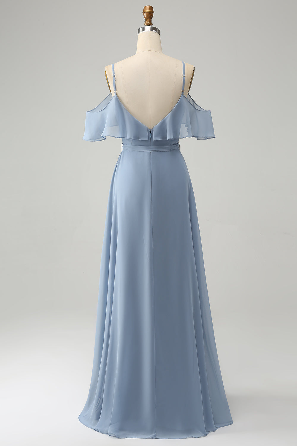 Vestido de dama de honor de gasa con cuello en V con tirantes de espagueti azul grisáceo con abertura
