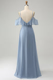 Vestido de dama de honor de gasa con cuello en V con tirantes de espagueti azul grisáceo con abertura