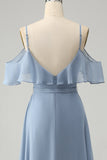 Vestido de dama de honor de gasa con cuello en V con tirantes de espagueti azul grisáceo con abertura