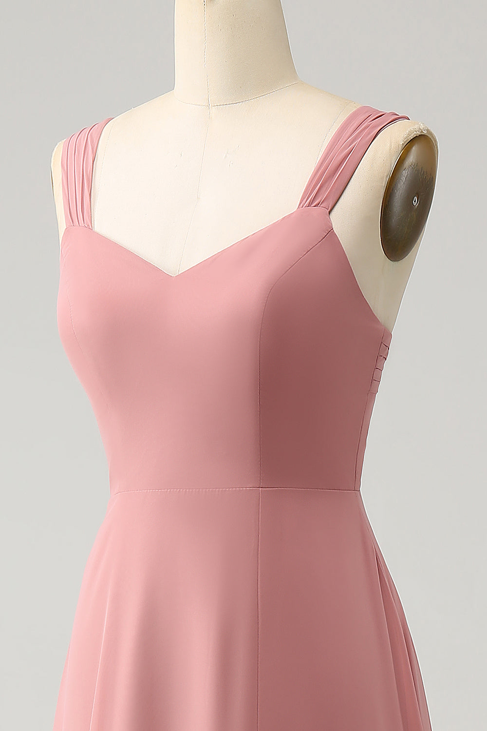 Vestido largo de dama de honor con tirantes de espagueti de línea A rojo ladrillo con abertura