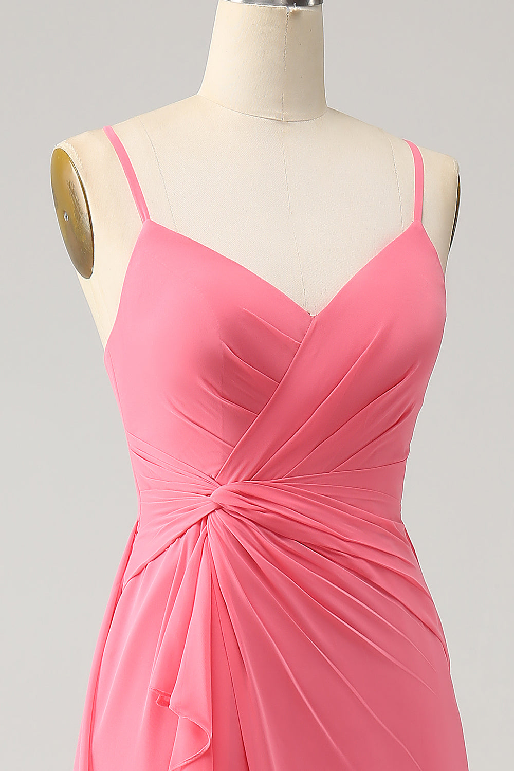 Coral A Line Escote En V Tirantes De Espagueti Vestido Largo De Dama De Honor De Gasa Con Abertura