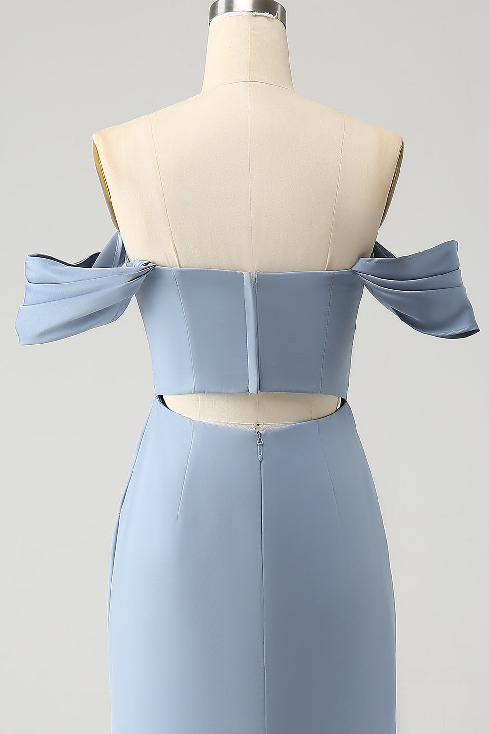 Vestido largo de dama de honor de gasa con hombros grises y azul con abertura