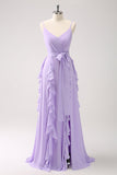 Vestido de dama de honor con volantes de gasa lila con abertura