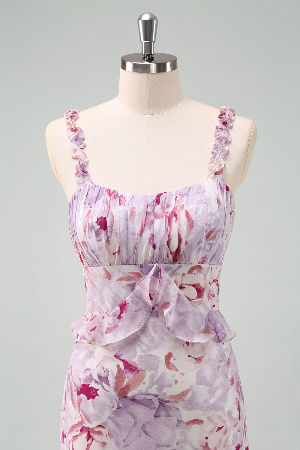 Gris púrpura sirena Spaghetti Tirantes floral Vestido largo de dama de honor