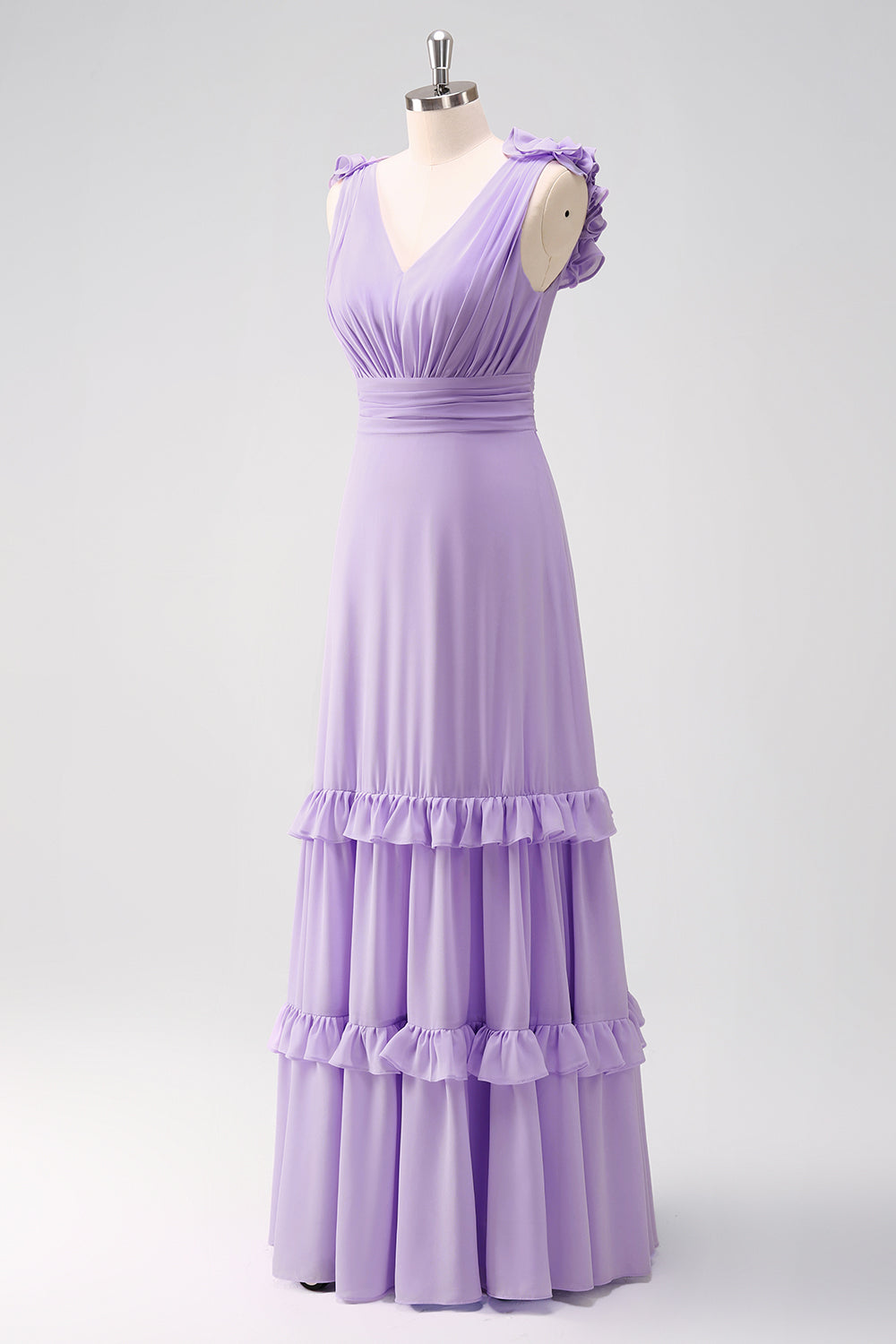 Vestido de dama de honor fruncido de gasa lila con volantes