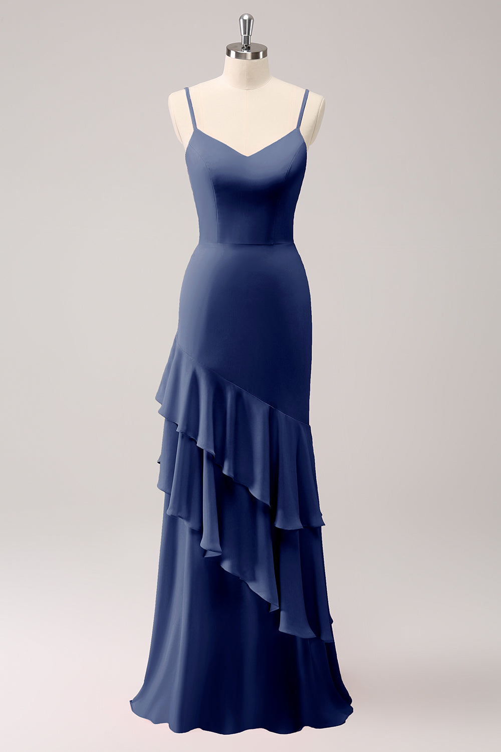 Vestido de dama de honor sirena con tirantes de espagueti Lila con volantes