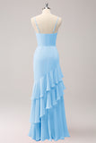 Vestido de dama de honor sirena con tirantes de espagueti Lila con volantes