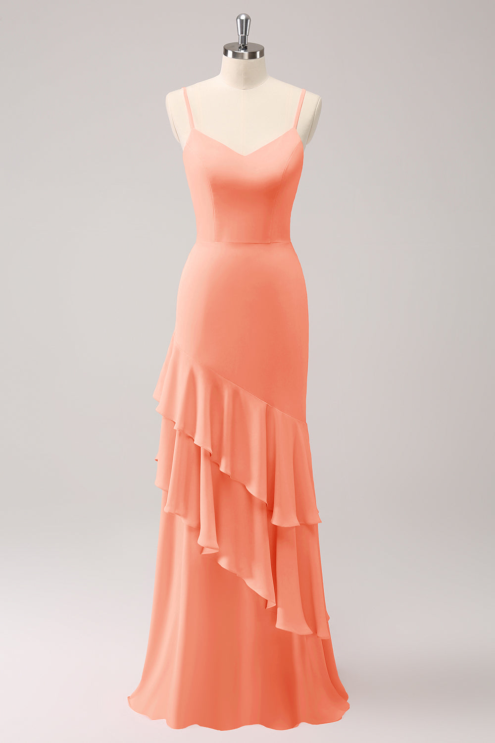 Vestido de dama de honor sirena con tirantes de espagueti Lila con volantes