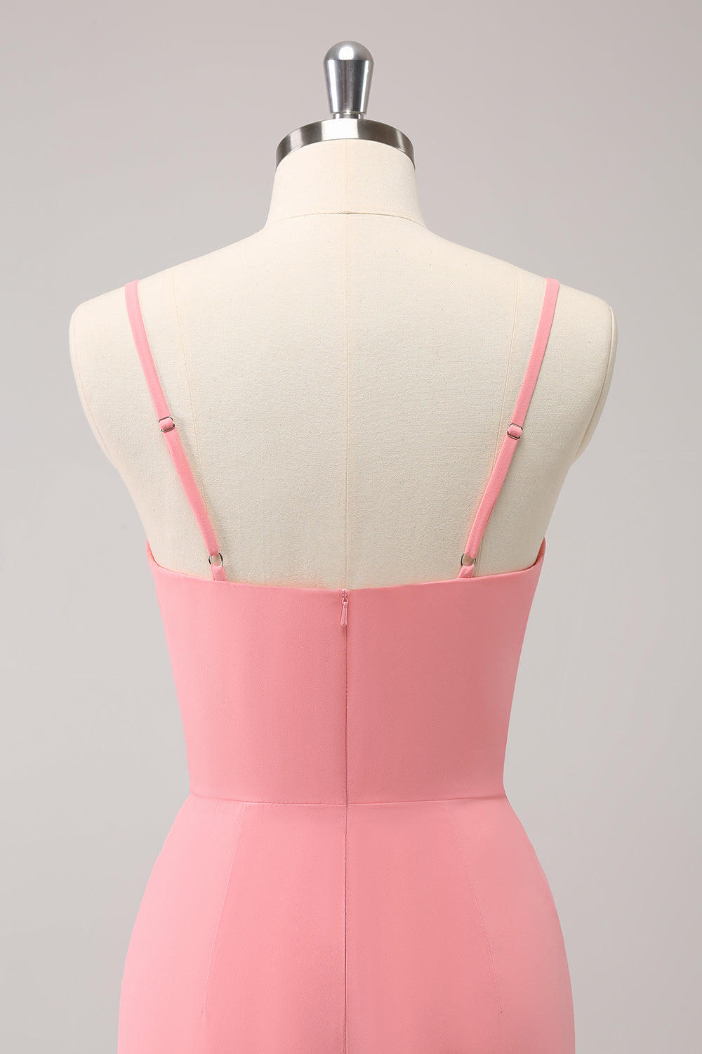 Vestido de dama de honor sirena con tirantes de espagueti rosa con volantes