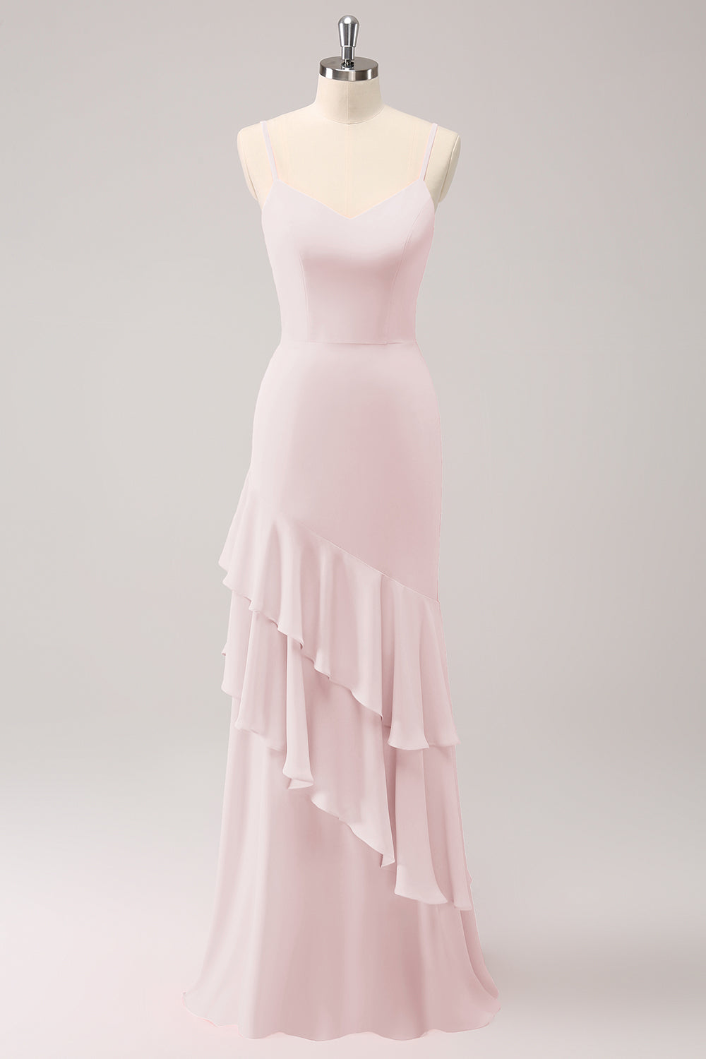 Vestido de dama de honor sirena con tirantes de espagueti rosa con volantes