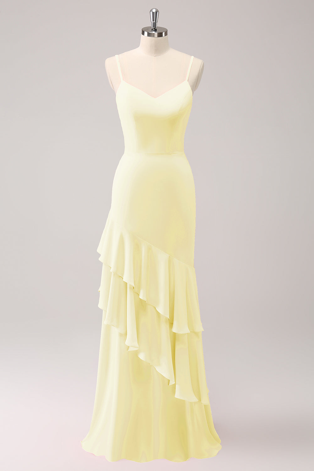 Vestido de dama de honor sirena con tirantes de espagueti rosa con volantes