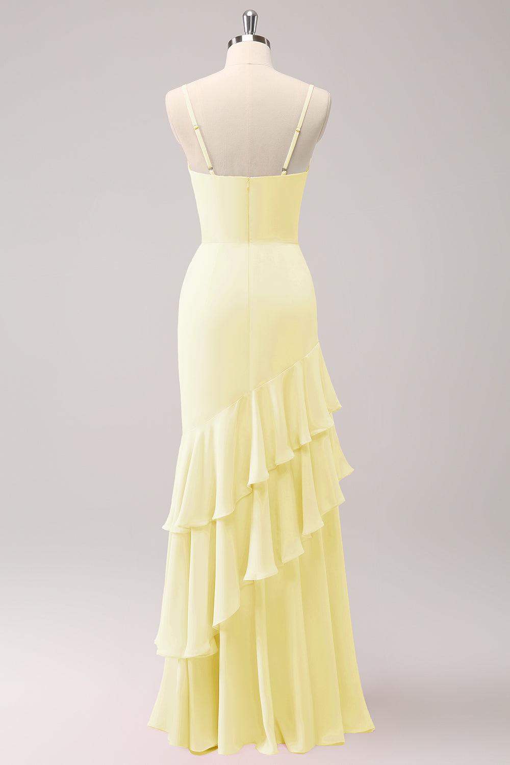 Vestido de dama de honor sirena con tirantes de espagueti rosa con volantes