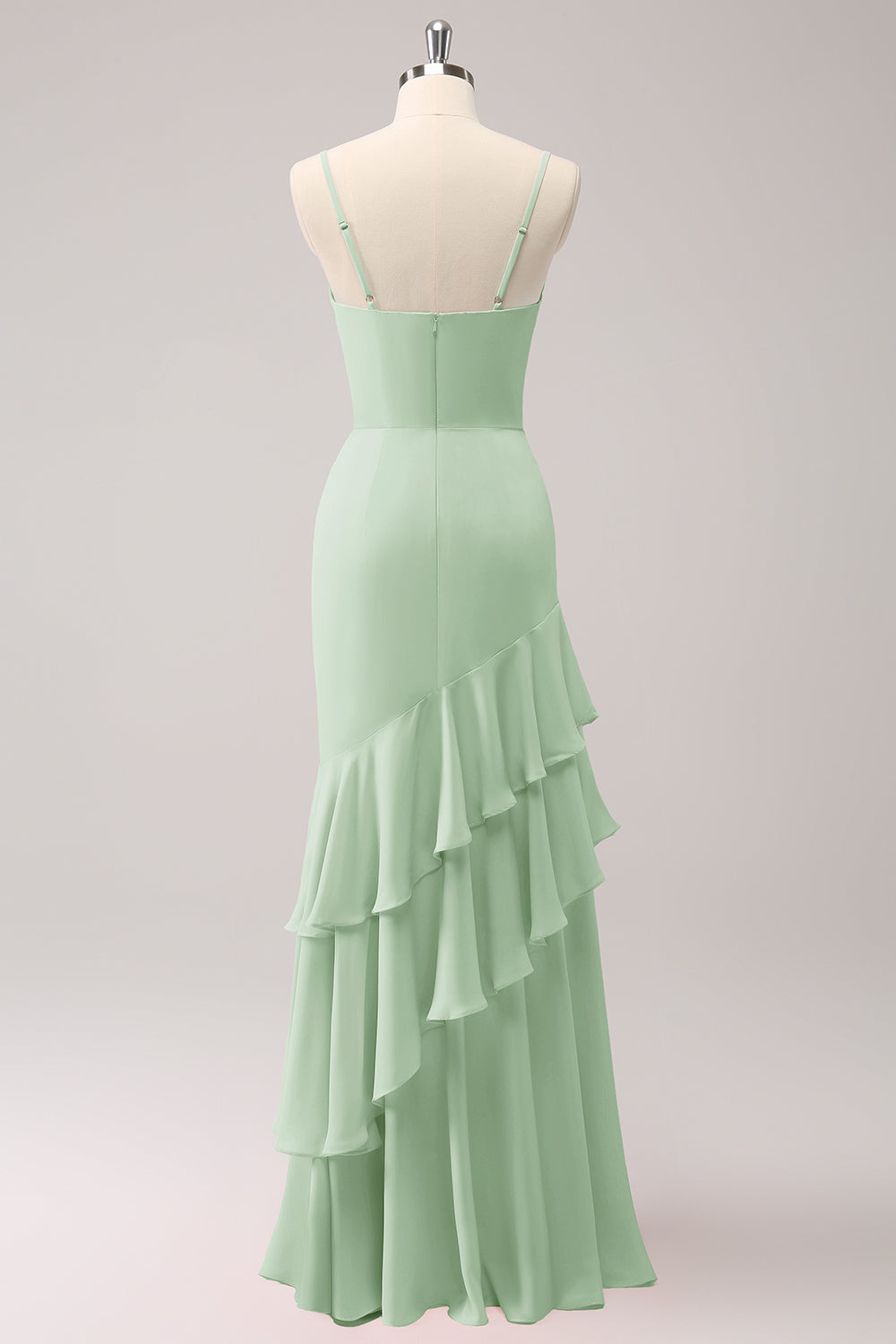 Vestido de dama de honor sirena con tirantes de espagueti rosa con volantes