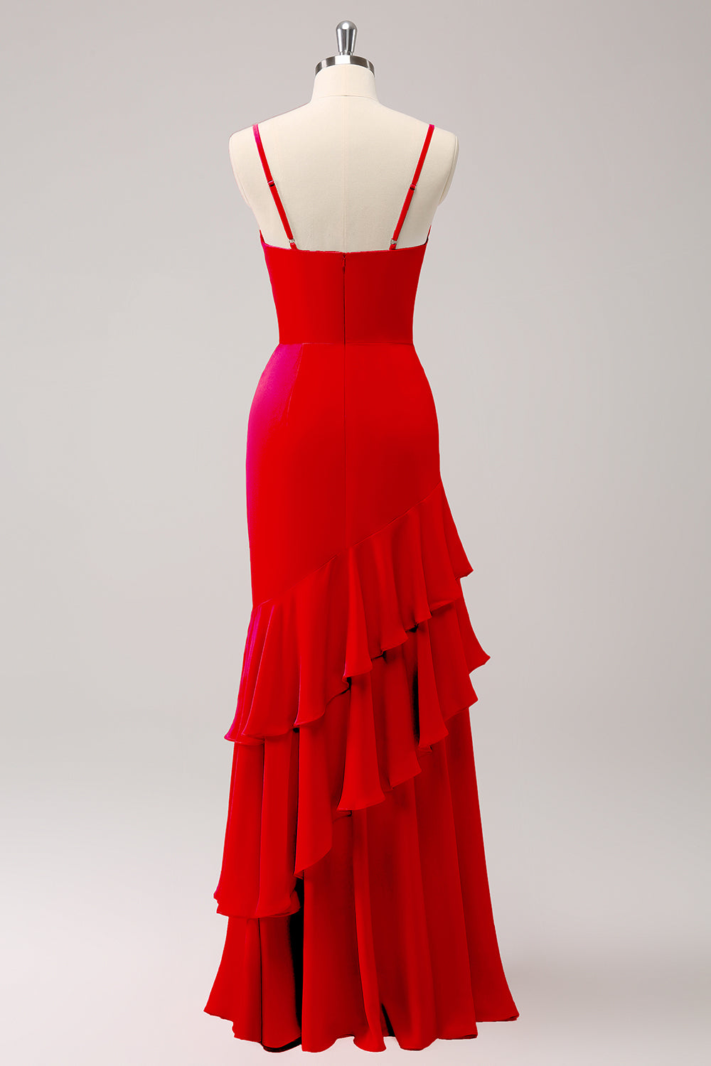 Vestido de dama de honor sirena con tirantes de espagueti rosa con volantes