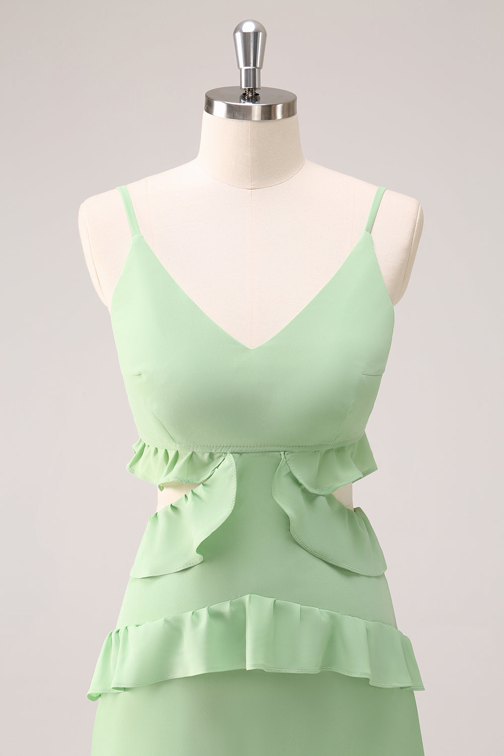 Vestido de dama de honor largo con abertura con tirantes de espagueti verde claro