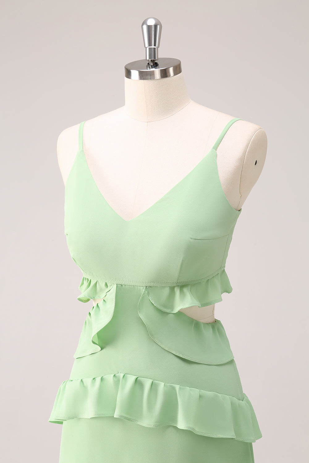 Vestido de dama de honor largo con abertura con tirantes de espagueti verde claro